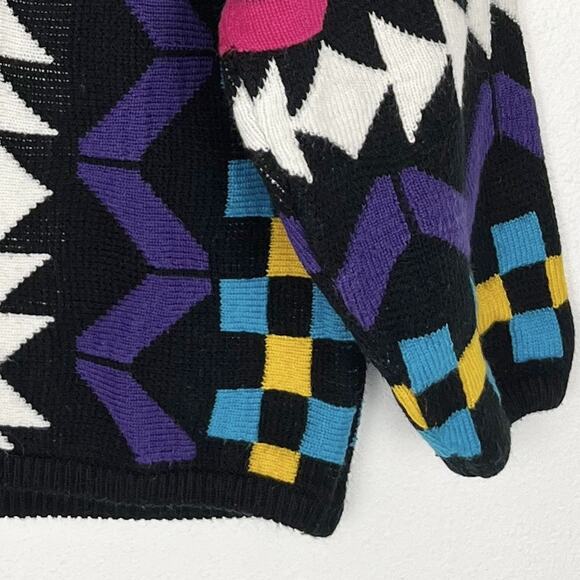 VTG Womens Chunky Knit Sweater Pullover Black Bright Abstract Retro 80s 90s M - Picture 5 of 6